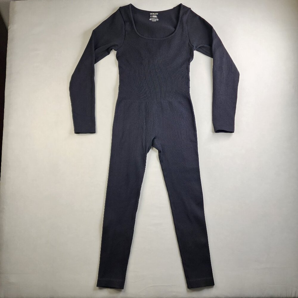 Curlady Small S Square Neck Ribbed Long Sleeve Unitard Slim Yoga Jumpsuit Romper